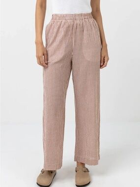 Rhythm Checked Wide-Leg Elastic Waist Pants in Brown & White size US 6